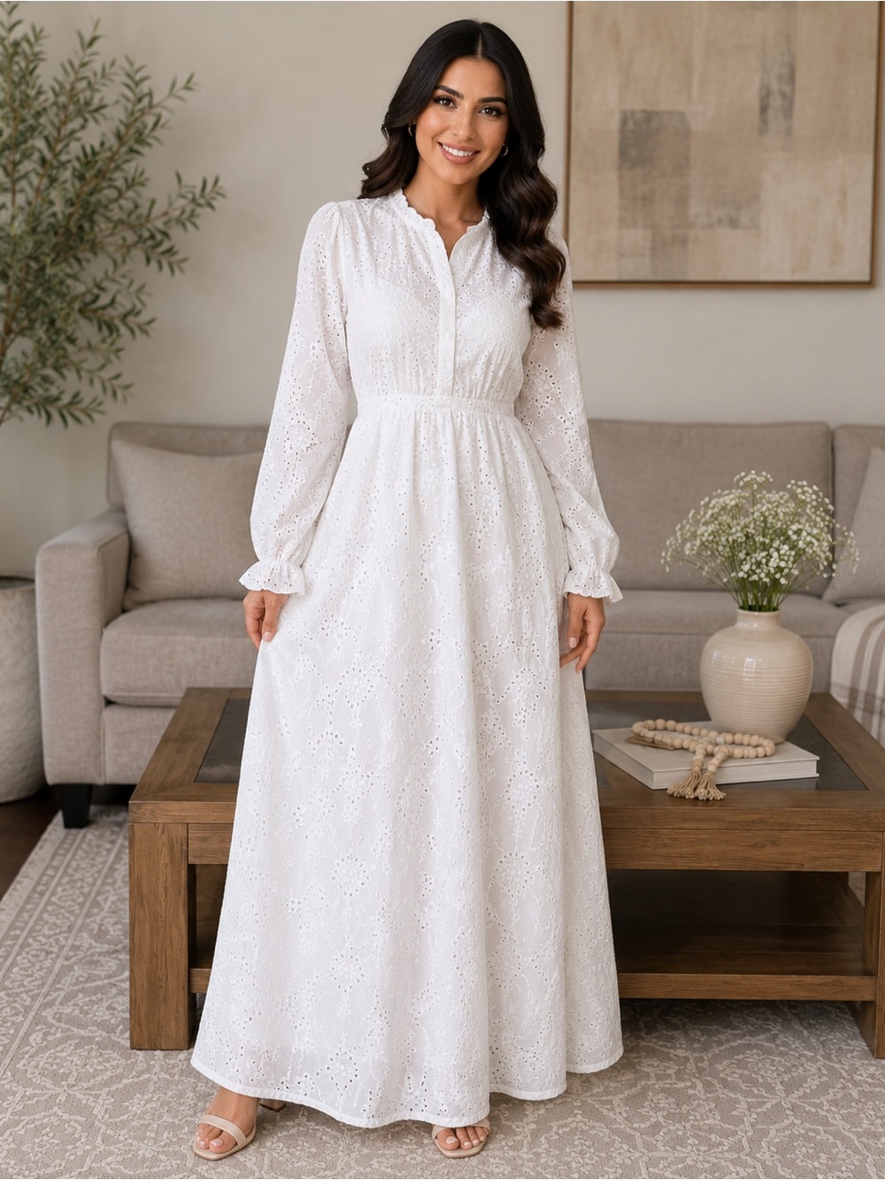 Women's White Eyelet Maxi Dress with Long Sleeves